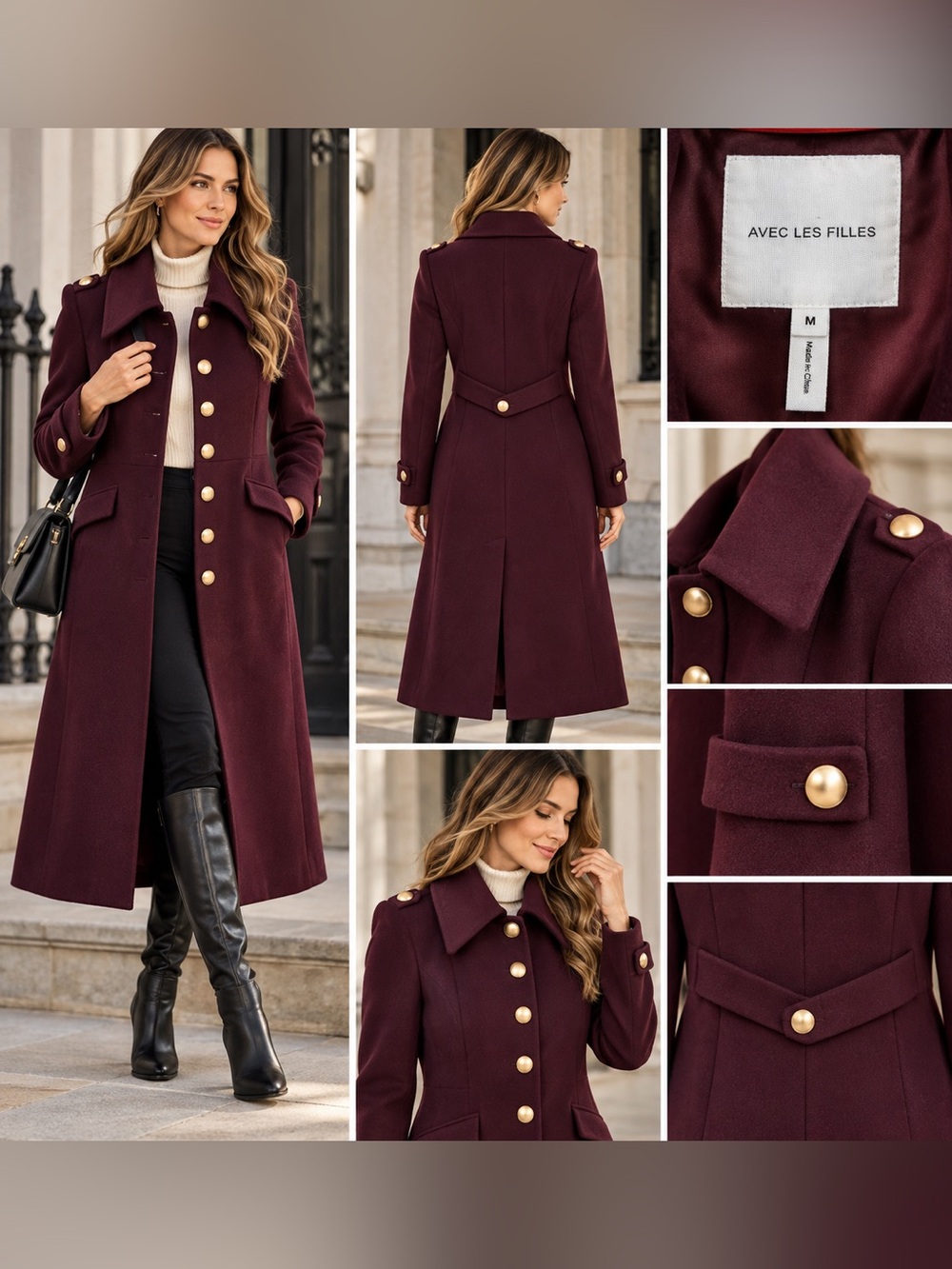 Avec Les Filles NWT Merlot Wool Blend Military Long Coat M